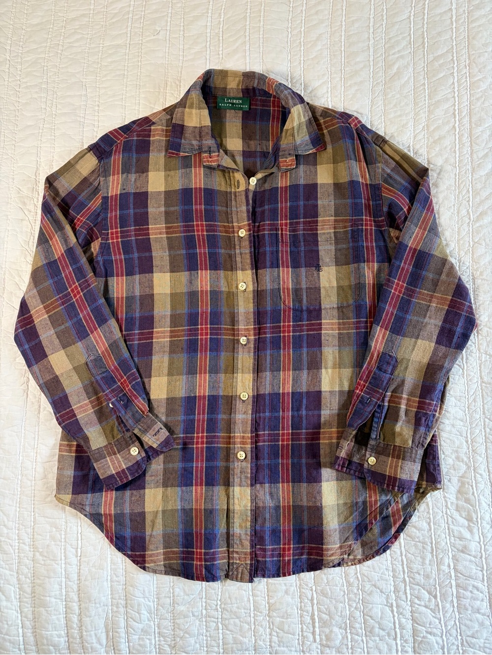 Vintage Lauren Ralph Lauren Plaid Linen Button Up Shirt Large